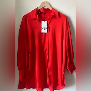 New Zara Red Silk Button Down Shirt
